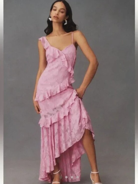 BHLDN Anthropologie Claudia Asymmetric Ruffle Chiffon Midi Dress Pink Sz S  - cruiseboatoman.com